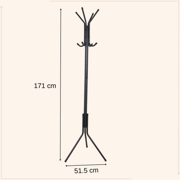 MISOU Kapstok - Staand - 8 haken - Zwart - Metaal - 171 cm - Industrieel