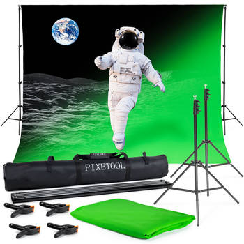 Pixetool - Green Screen Doek 300 x 300cm met achtergrondsysteem 260 x 300 cm - Achtergronddoek - Fotostudio