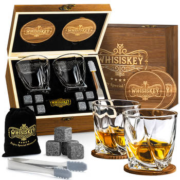 Whisiskey Luxe Whiskey Set - Incl. 2 Whiskey Glazen, 8 Whiskey Stones, 2 Onderzetters, Fluwelen Opbergzak, Opbergbox