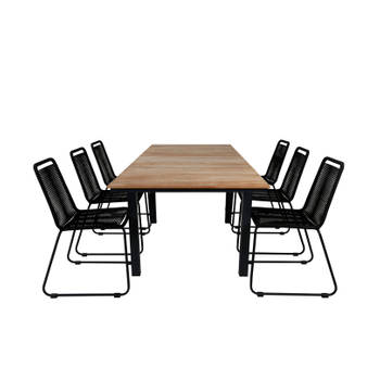 Mexico tuinmeubelset tafel 90x160/240cm en 6 stoel stapelS Lindos zwart, naturel.