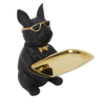 Beeld Bulldog met Goudkleurige dienblad - Zwart - H21 cm