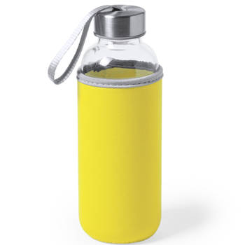 Glazen waterfles/drinkfles met gele softshell bescherm hoes 420 ml - Drinkflessen