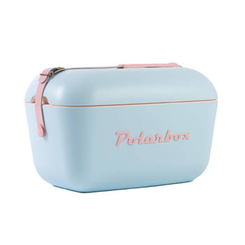 Polarbox Retro Koelbox Pop Blauw – Roze Band – 12 Liter Inhoud – Duurzaam Geproduceerd