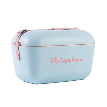Blokker Polarbox Retro Koelbox Pop Blauw – Roze Band – 12 Liter Inhoud – Duurzaam Geproduceerd aanbieding