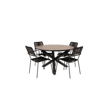 Llama tuinmeubelset tafel Ø120cm en 4 stoel armleuningS Lindos zwart, bruin.