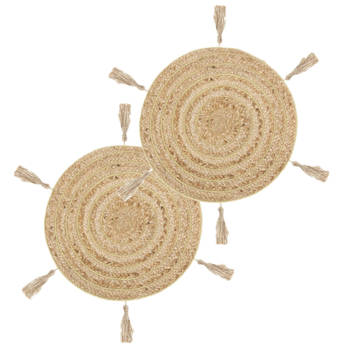 Set van 4x stuks ronde placemats raffia met franjes naturel 38 cm - Placemats