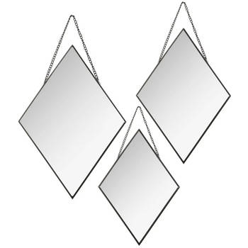 Set van 3x spiegels/wandspiegels ruit metaal zwart met ketting - Spiegels