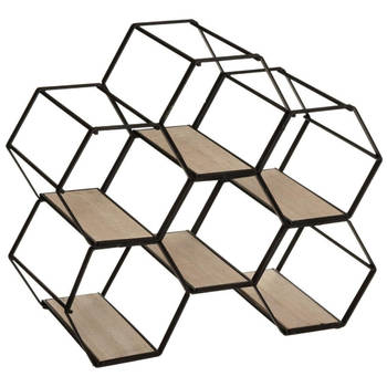 Metalen hexagon flessenrek/wijnrek voor 6 flessen 26 x 15 x 29,5 cm zwart - Wijnrekken