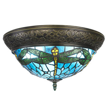 LumiLamp Plafondlamp Tiffany Ø 38 cm Blauw Bruin Kunststof Glas Rond Plafonniere Blauw Plafonniere