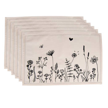Clayre & Eef Placemats Set van 6 48x33 cm Beige Zwart Katoen Bloemen Tafelmat Beige Tafelmat