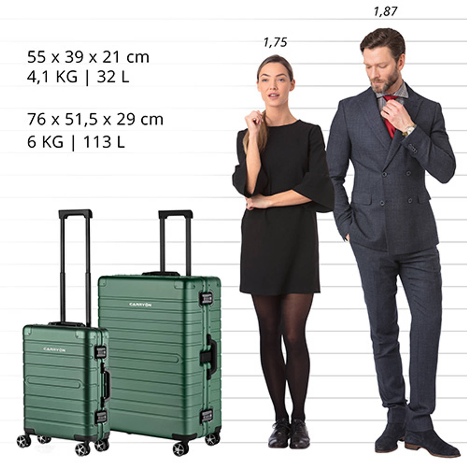 voorkant Mysterie Tijdreeksen CarryOn Kofferset ULD - Luxe Aluminium Handbagage koffer 55cm + 76cm grote  reiskoffer - Groen | Blokker