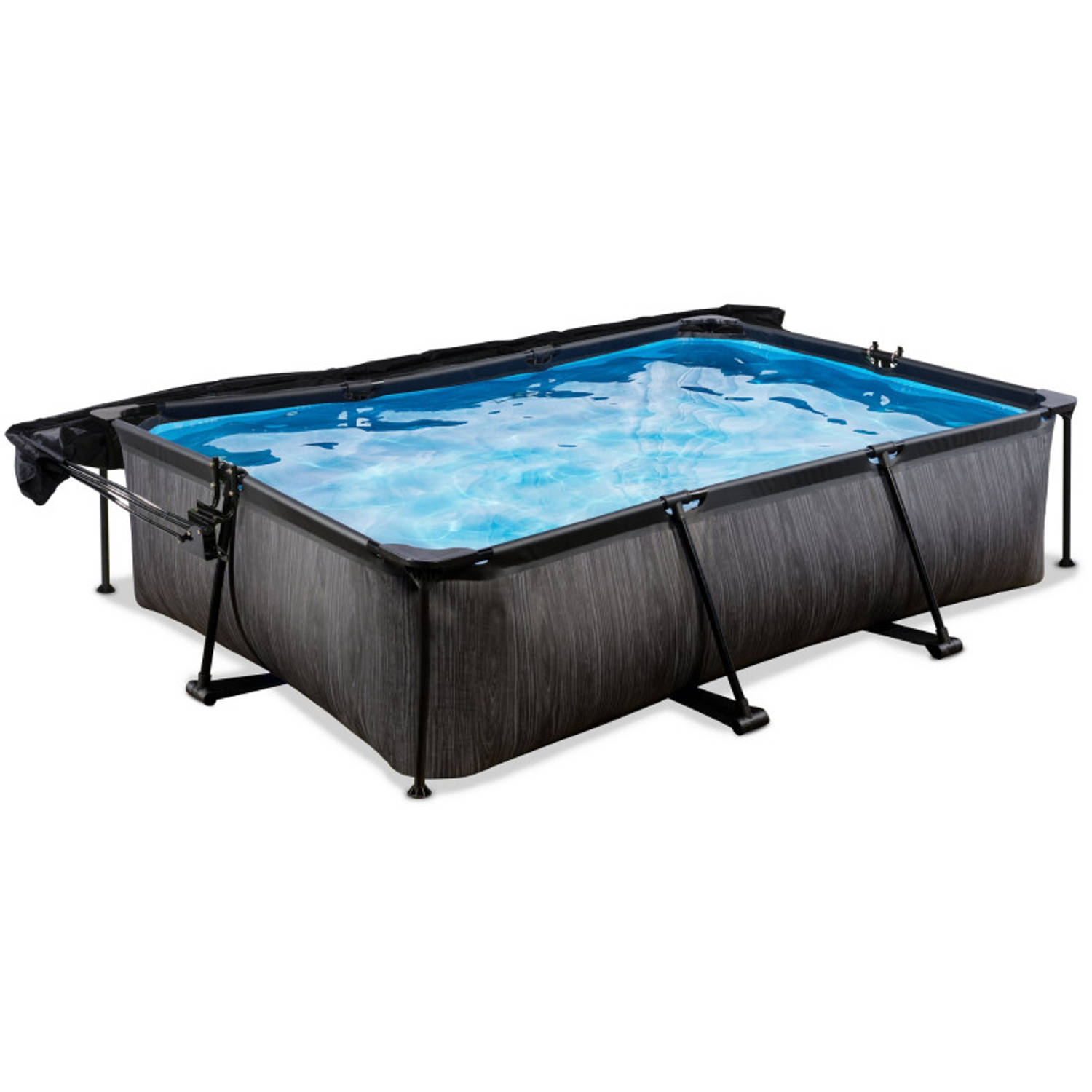 EXIT Zwembad Frame Pool Black Wood Zwembad 300 x 200 x 65 cm met Schaduwdoek en Filterpomp - Zwart
