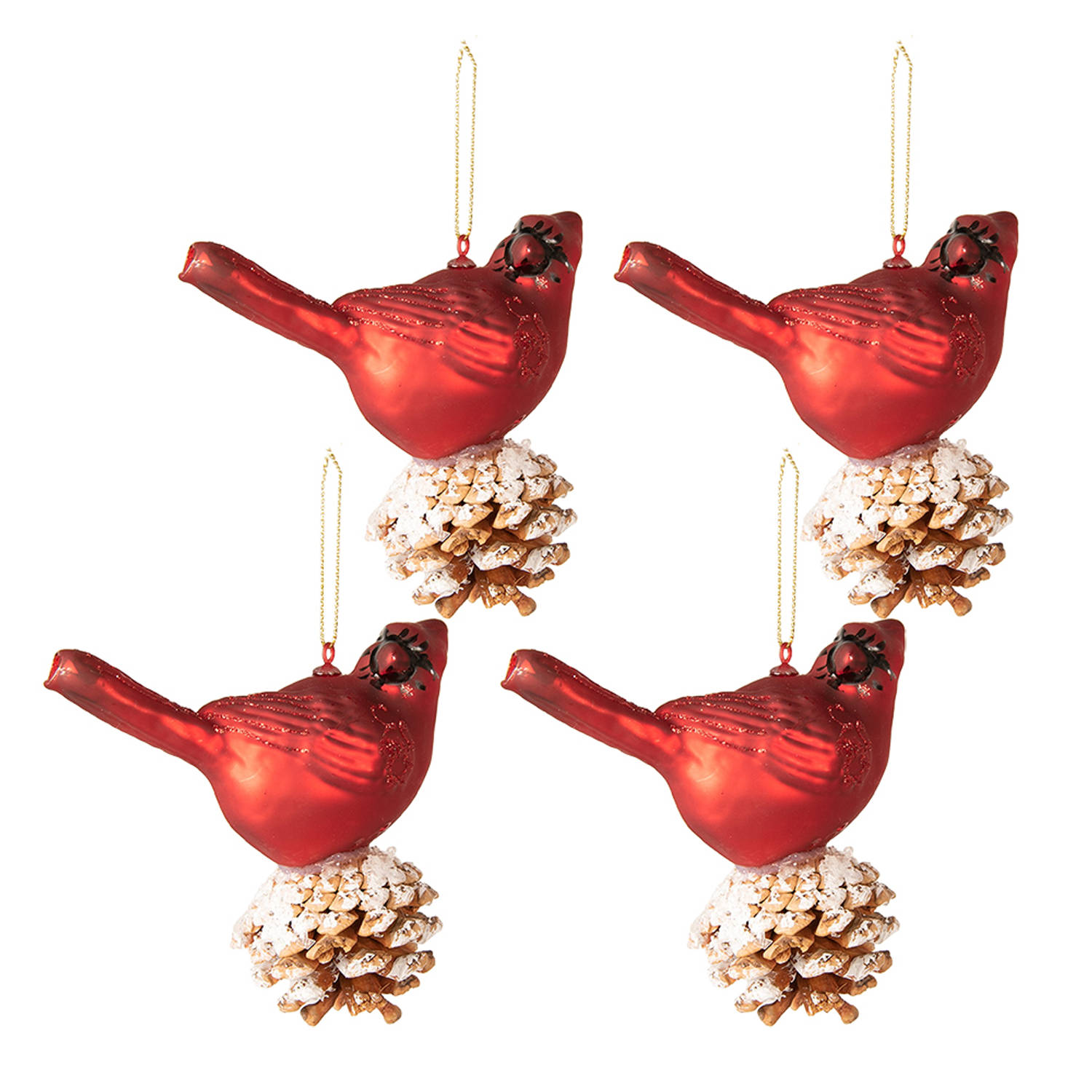 Clayre & Eef Kerstbal Set van 4 Vogel 11x6x12 cm Rood Wit Glas Kerstboomversiering Rood Kerstboomversiering
