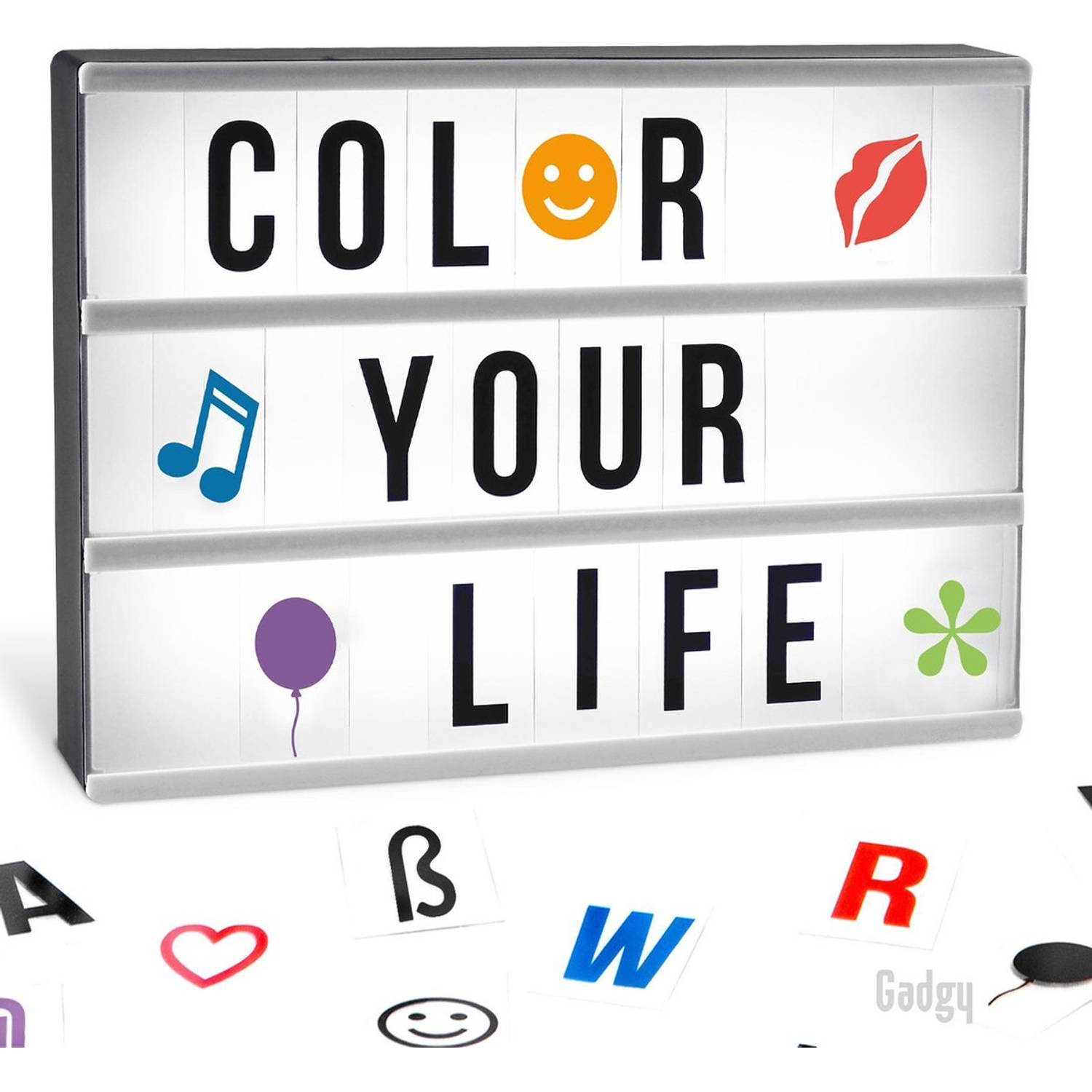 Gadgy Lightbox A4 met 4 achtergronden + 85 letters/symbolen + 40 emojis + 6 woorden + USB kabel – 30 x 22 x 6 cm.