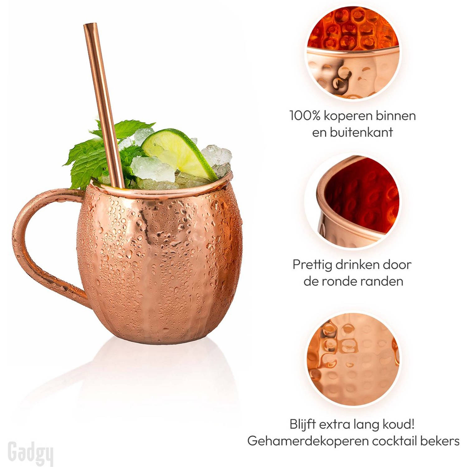 Gadgy Mule Bekers Set - 100% - Cocktailset : 2 Cocktailglazen, Rietjes & 1 Barmaatje | Blokker