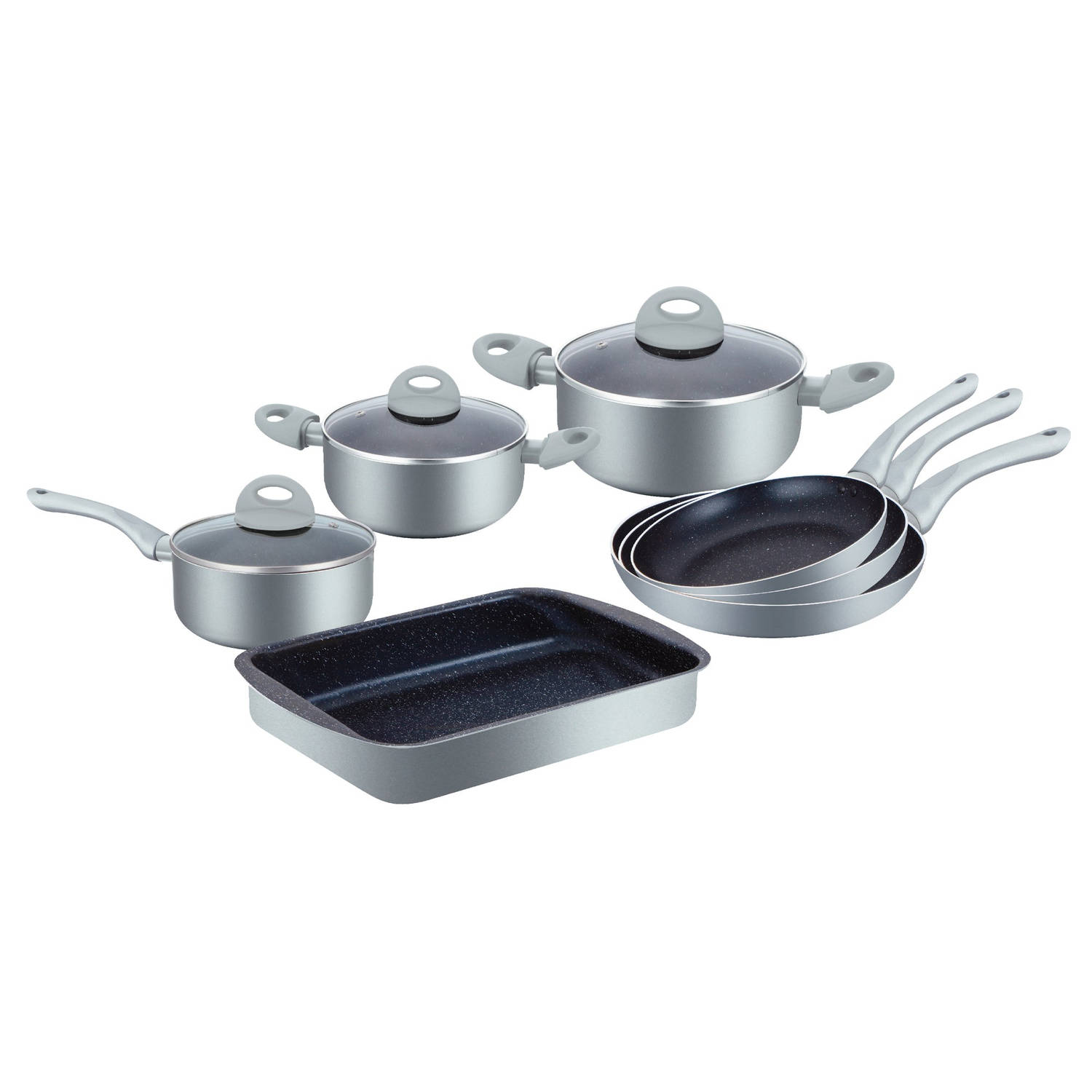 Herzberg 10 Pieces Marble Coated Cookware Set Silver