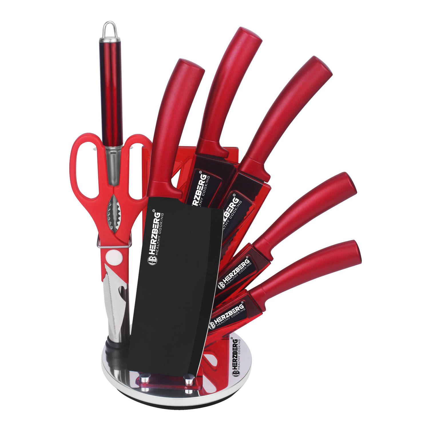 Herzberg 8 Pieces Knife Set with Acrylic Stand Red