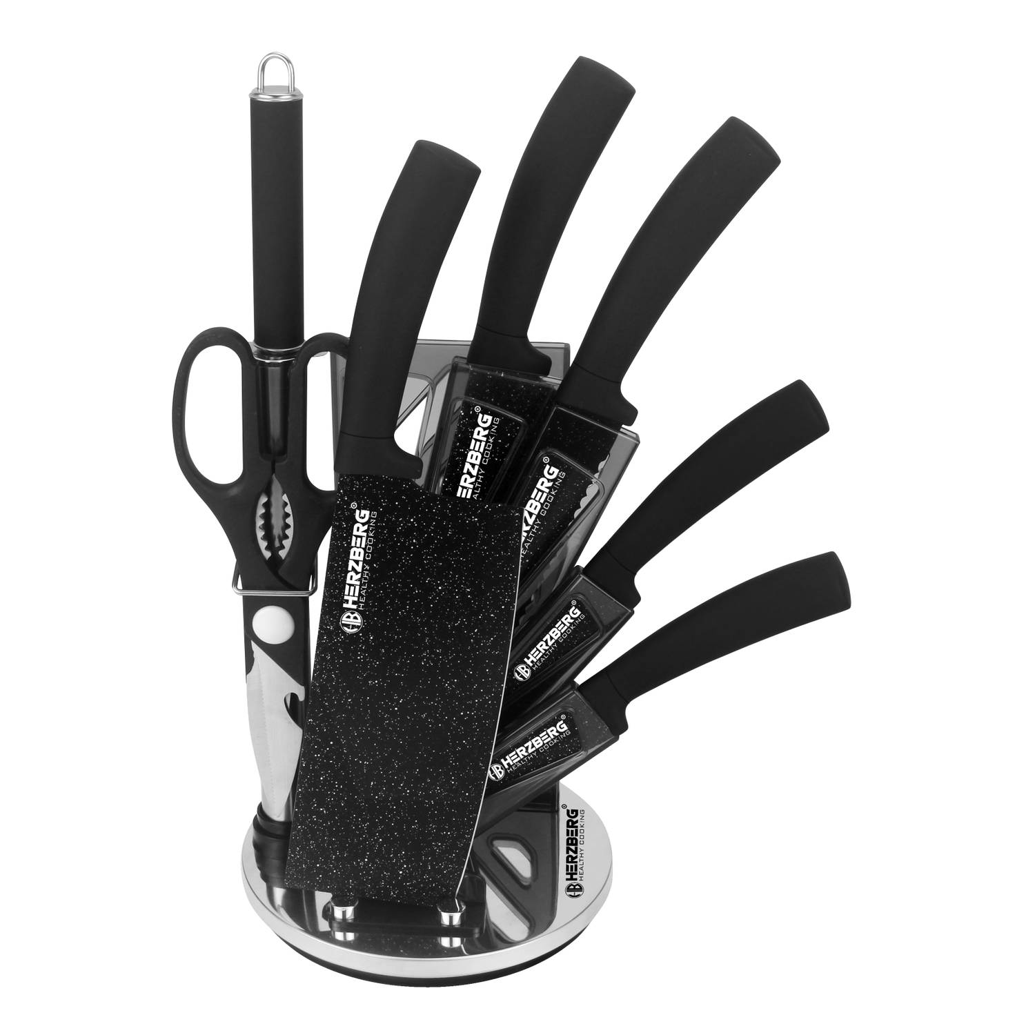Herzberg 8 Pieces Knife Set with Acrylic Stand Black Marble
