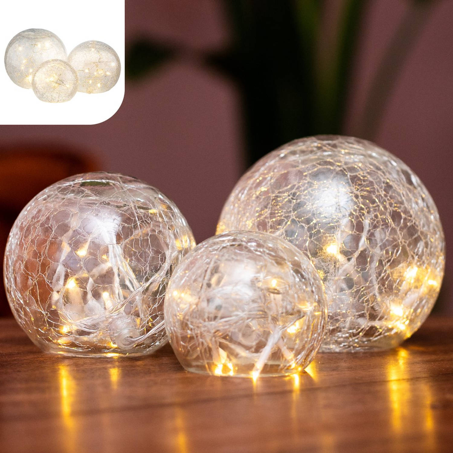 Gadgy Bollamp Glas met Lichtsnoer - 3ST: 8,10&12CM Kerst Decoratie Woonkamer - Tafellamp op Batterijen -