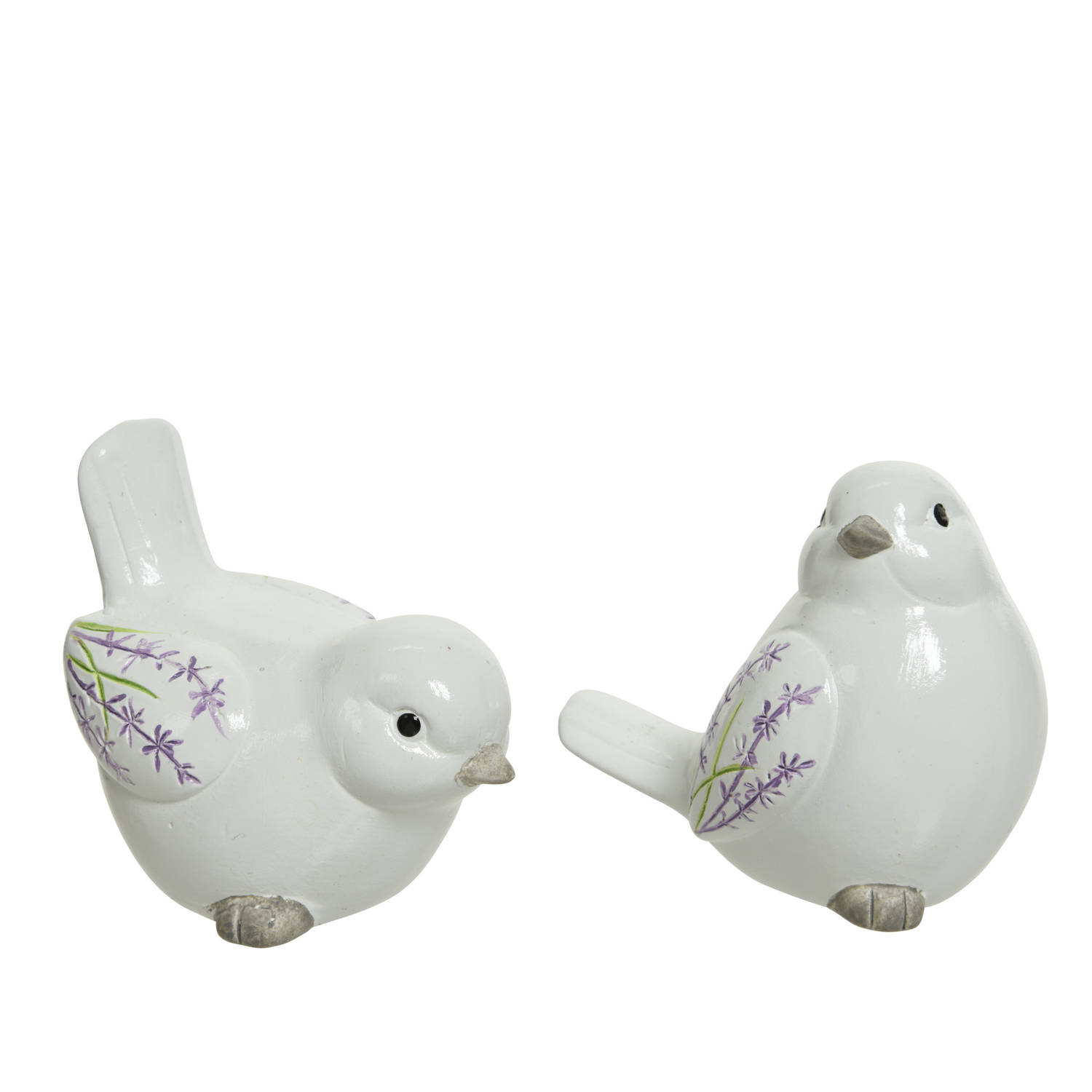 Set Van 2x Stuks Decoratie Dieren Beelden Vogels Wit Met Lavendel Bloemen 9 Cm Tuinbeelden