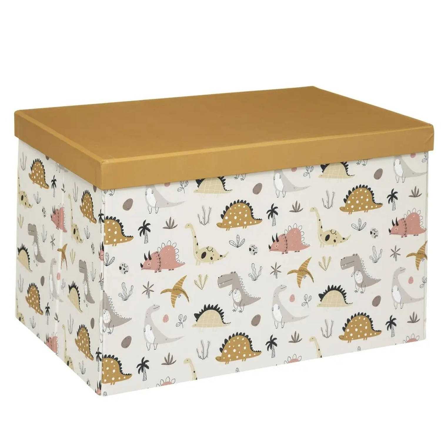 Opbergdoos/opberg box van karton met oker geel dinosaurus print - 38 x 24,5 x 25 cm - Opvouwbare doos met deksel