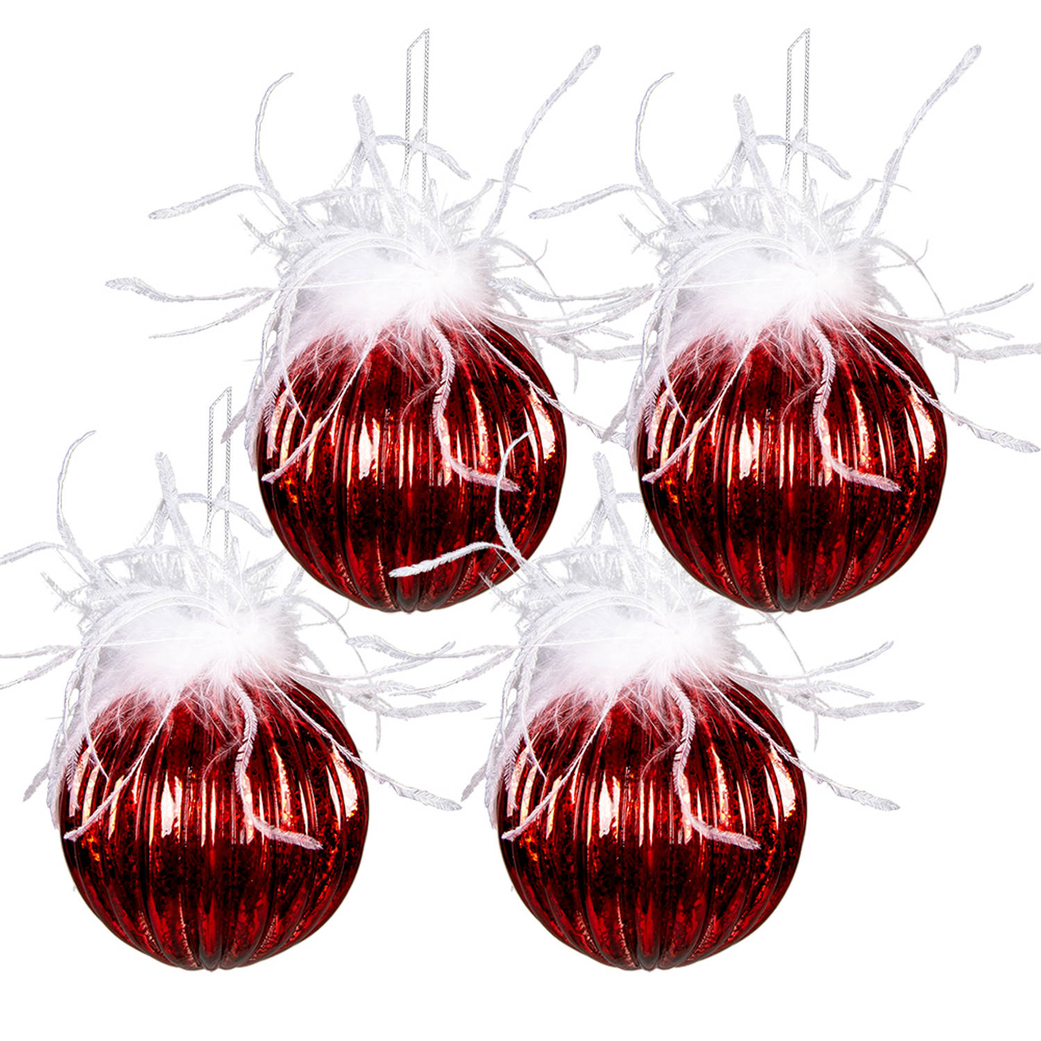 Clayre & Eef Kerstbal Set van 4 Ø 10 cm Rood Wit Glas Kerstdecoratie Rood Kerstdecoratie