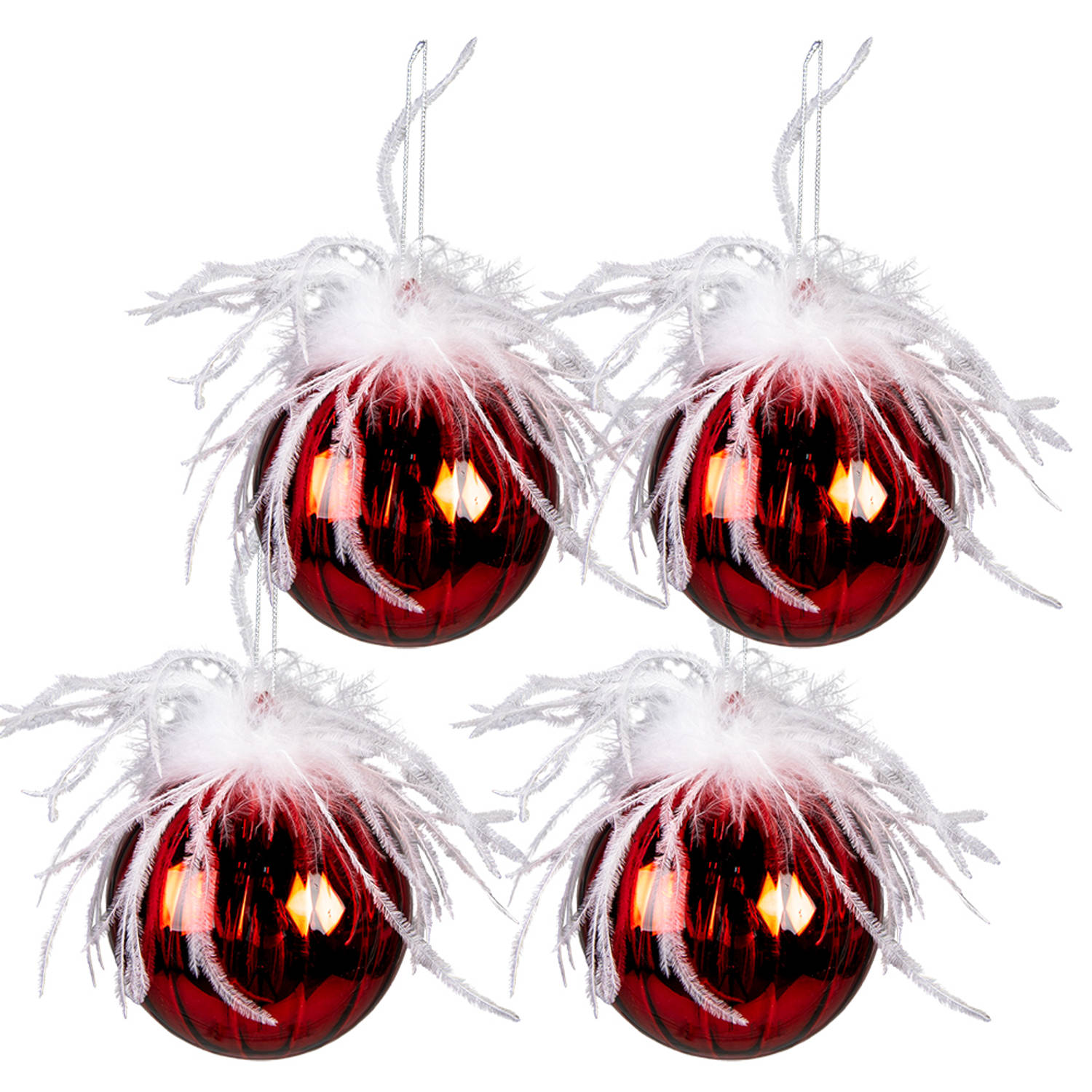 Clayre & Eef Kerstbal Set van 4 Ø 10 cm Rood Wit Glas Kerstboomversiering Rood Kerstboomversiering