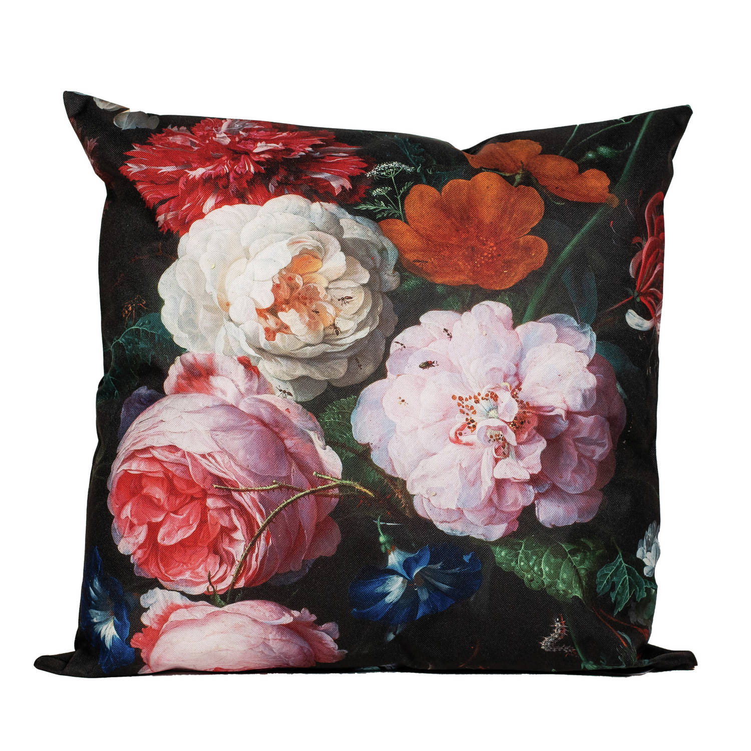 Anna's collection buitenkussen bloem - roze/zwart - 60 x 60 cm - Sierkussens