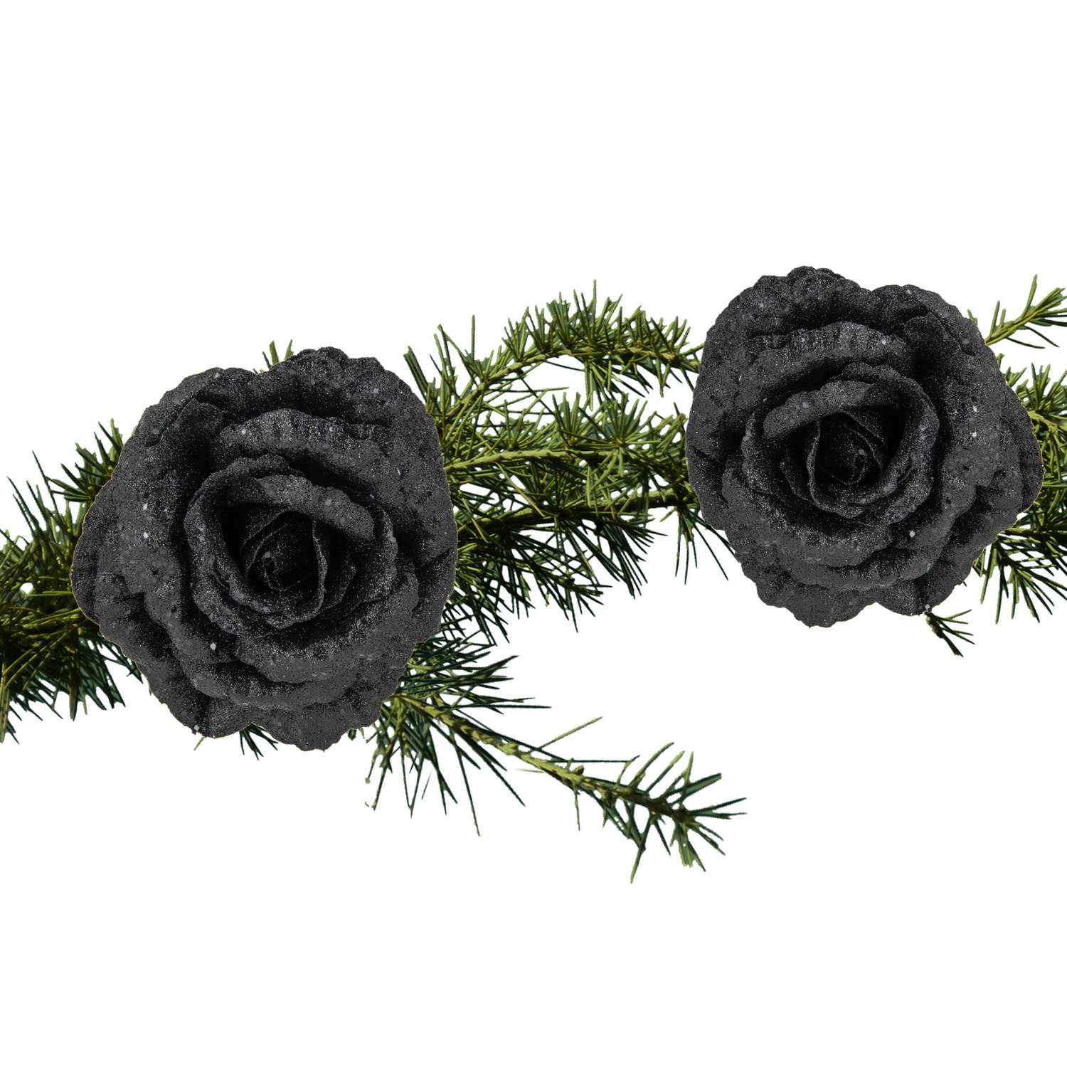 2x Stuks Kerstboom Bloemen Op Clip Zwart Glitter 18 Cm Kunstbloemen