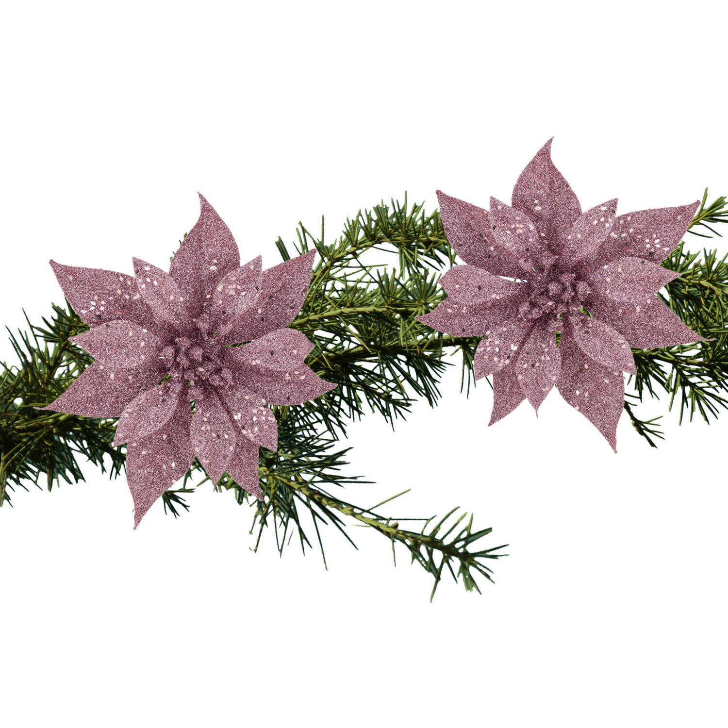 2x Stuks Kerstboom Decoratie Bloemen Roze Glitter Op Clip 18 Cm Kunstbloemen