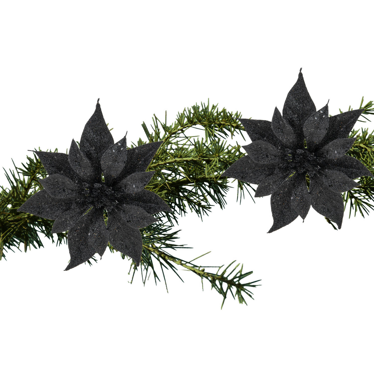 2x Stuks Kerstboom Decoratie Bloemen Zwart Glitter Op Clip 18 Cm Kunstbloemen