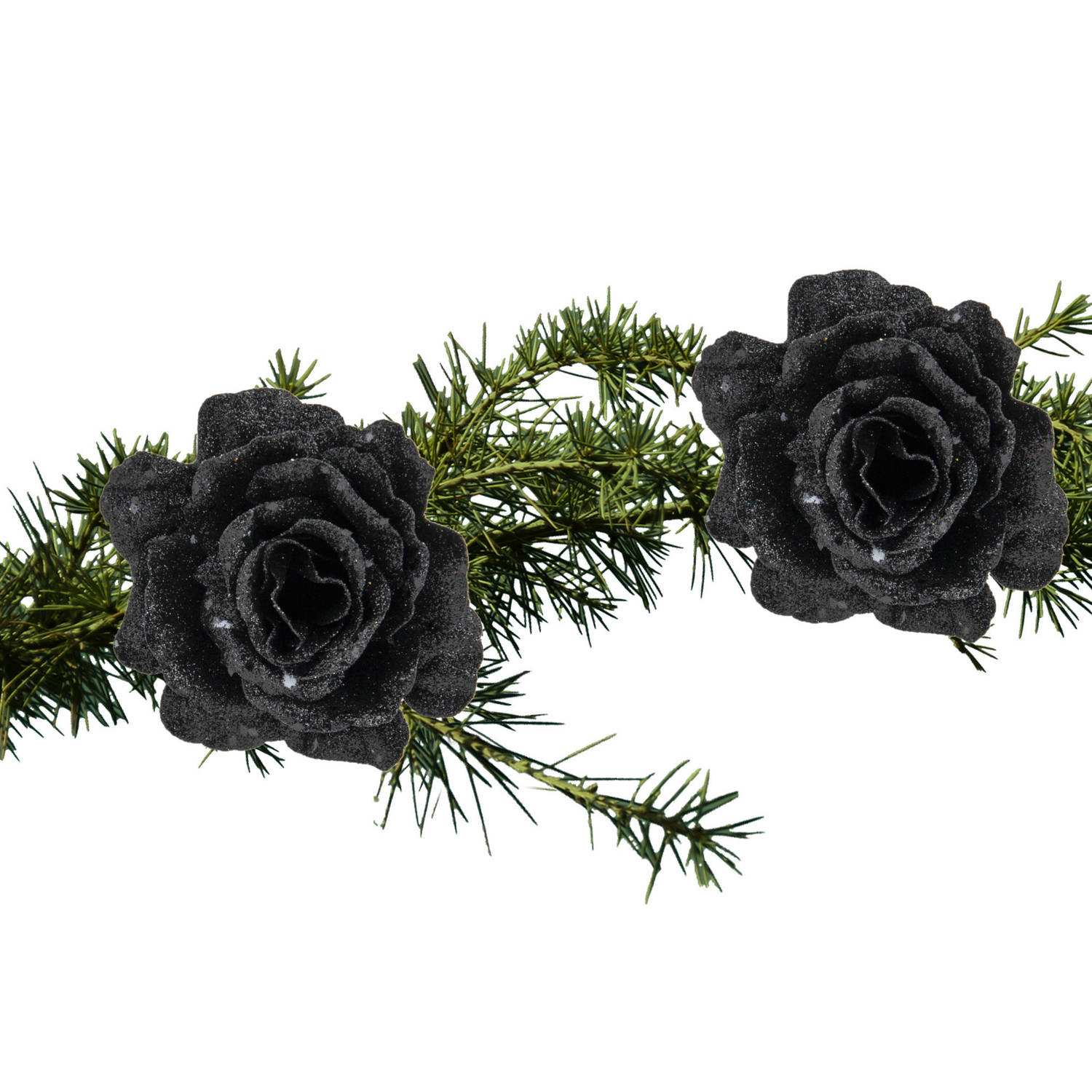 2x Stuks Kerstboom Decoratie Bloemen Roos Zwart Glitter Op Clip 10 Cm Kunstbloemen