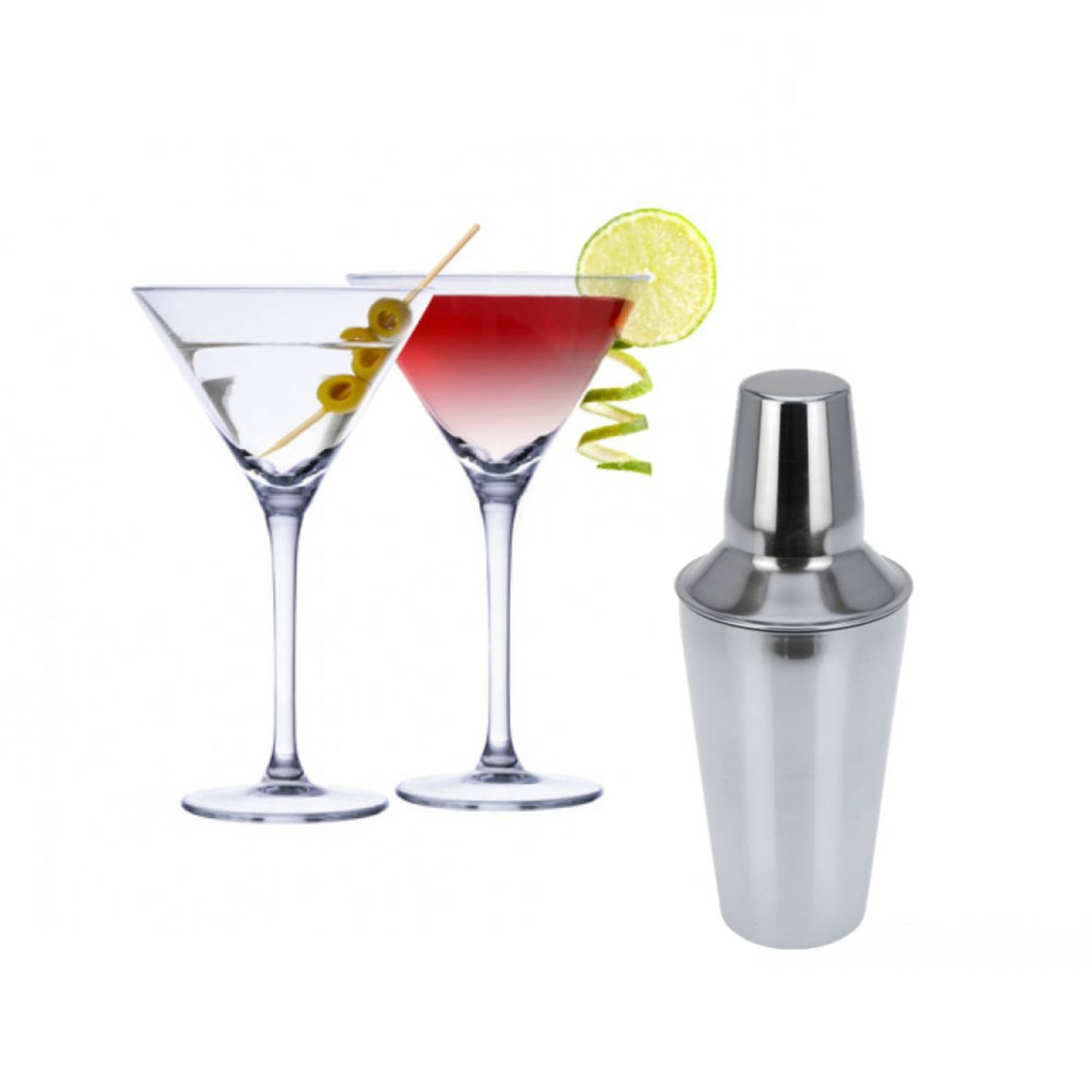 Set van 4x Martini cocktailglazen met cocktailshaker RVS - Cocktailglazen
