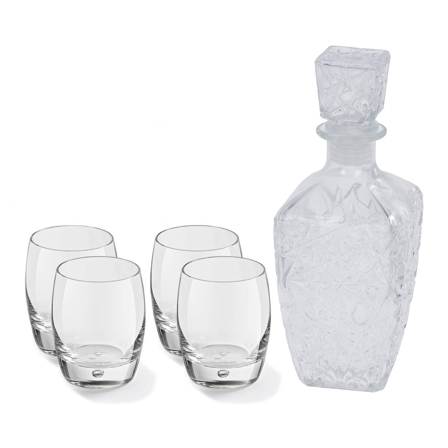 Glazen Whisky-water Karaf 750 Ml Met 4x Whiskyglazen 360 Ml Whiskeykaraffen