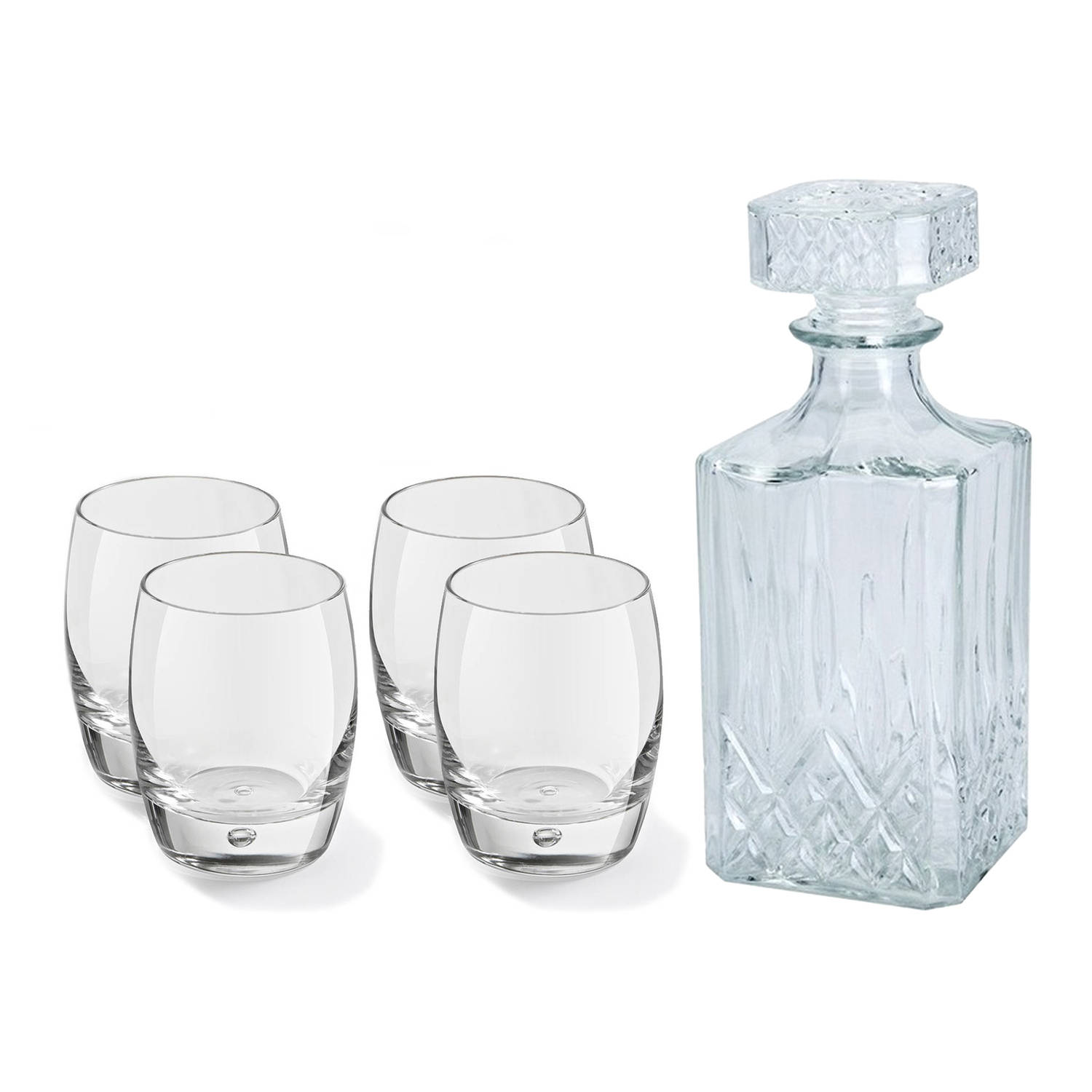 Glazen Whisky-water Karaf 900 Ml Met 4x Whiskyglazen 360 Ml Whiskeykaraffen