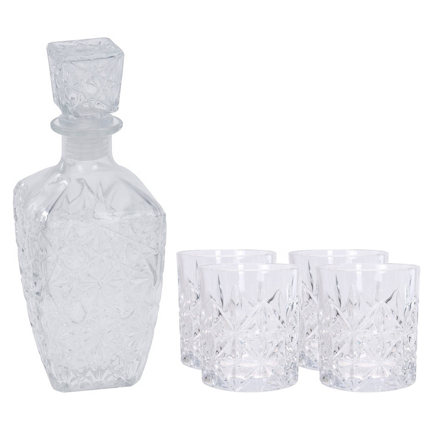 Glazen Whisky-water Karaf 750 Ml Met 4x Whiskyglazen 230 Ml Whiskeykaraffen