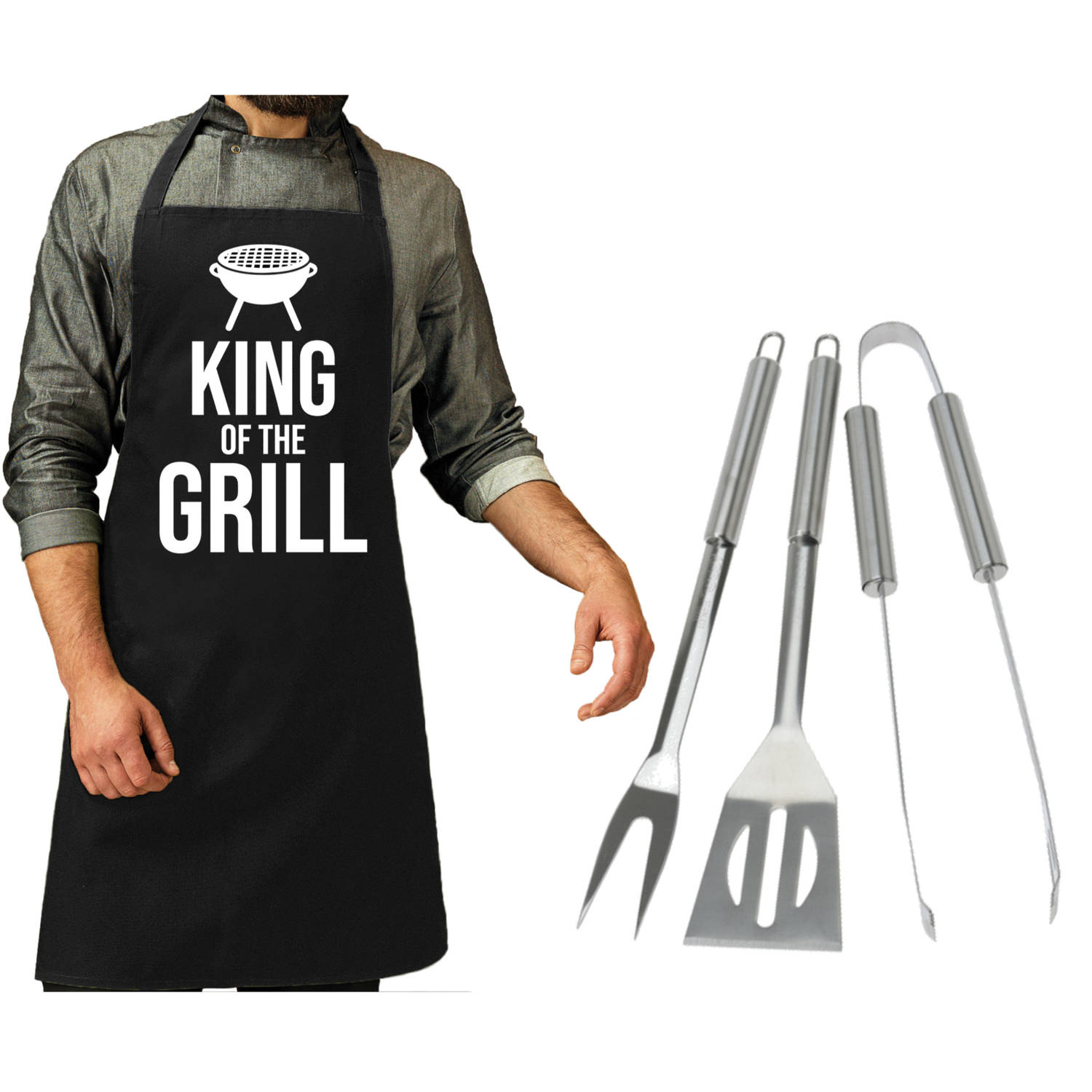 Verdeel Binnen herhaling BBQ/barbecue gereedschap set 3-delig RVS met zwart schort King of the grill  - Barbecuegereedschapset | Blokker