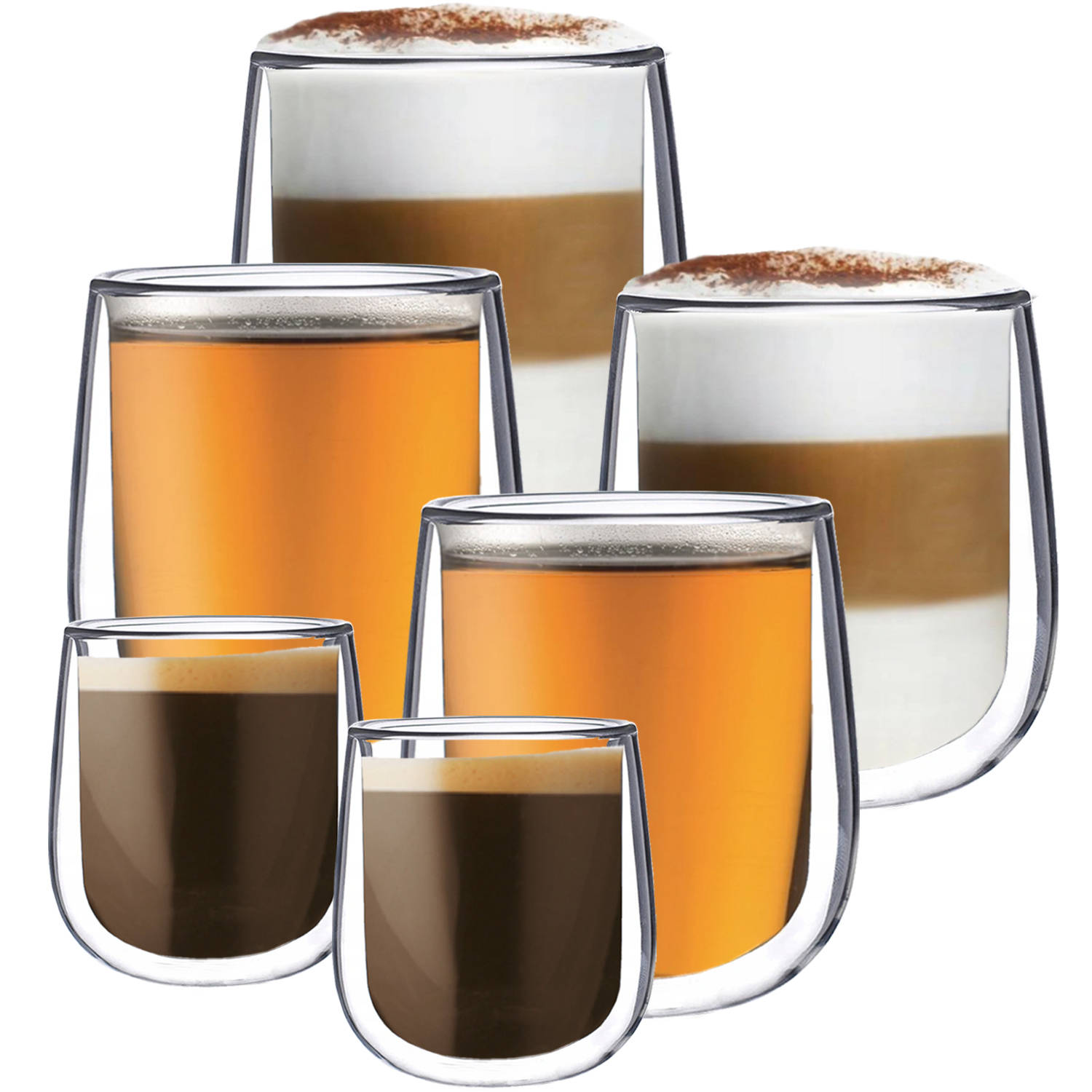 Luxe Dubbelwandige Glazen Combinatieset - Espresso Glazen - Cappuccino Glazen - Latte Macchiato - Theeglas - Set Van 6