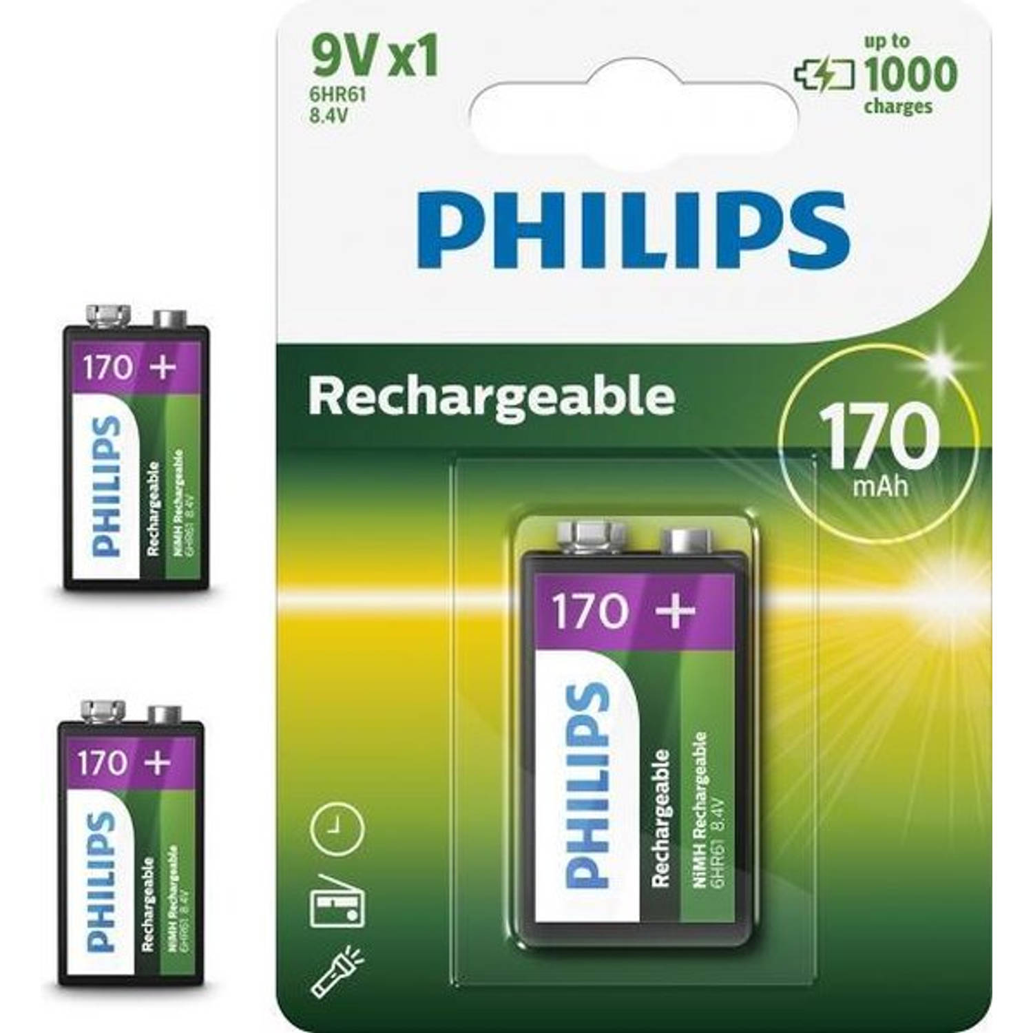 3 Stuks - Philips MultiLife 9V HR22/6HR61 170mAh oplaadbare batterij