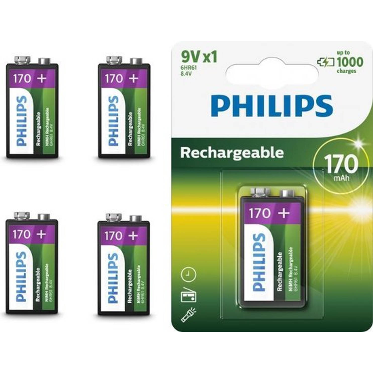 5 Stuks - Philips MultiLife 9V HR22/6HR61 170mAh oplaadbare batterij