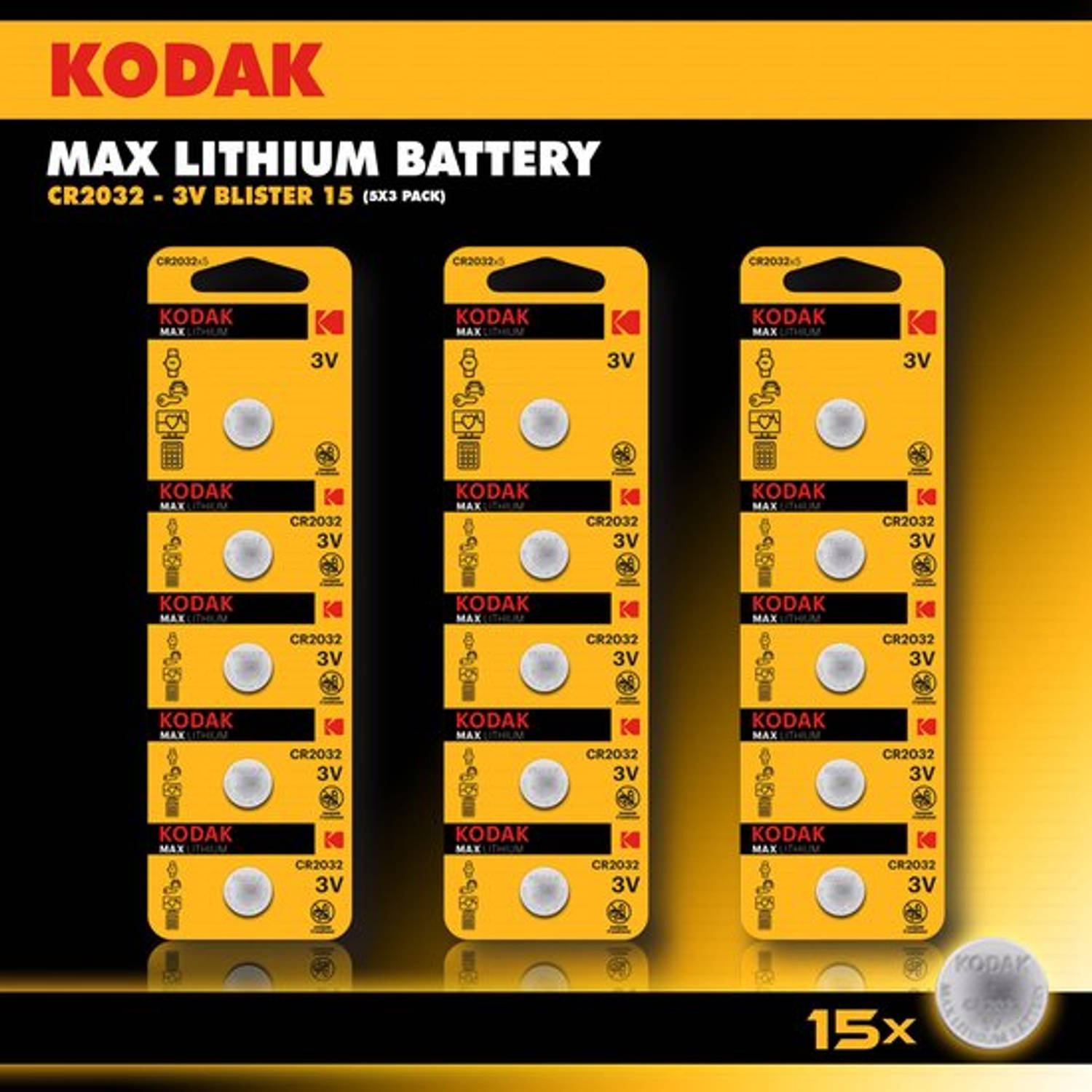 Kodak Lithium - Knoopcel batterijen - CR2032 - 3V - 15 stuks