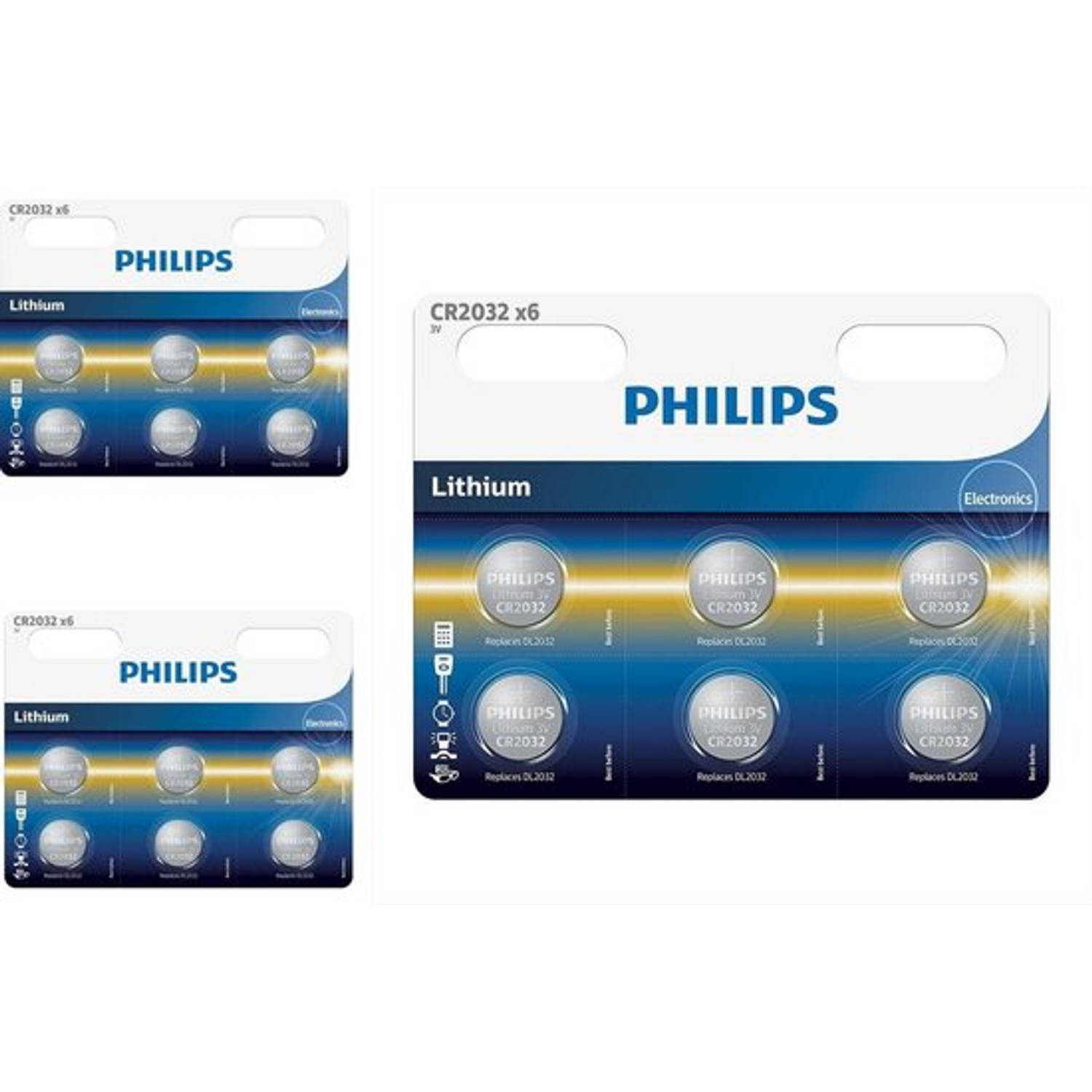 18 Stuks (3 blisters a 6st) - 6-Pack Philips CR2032 3v lithium knoopcelbatterij