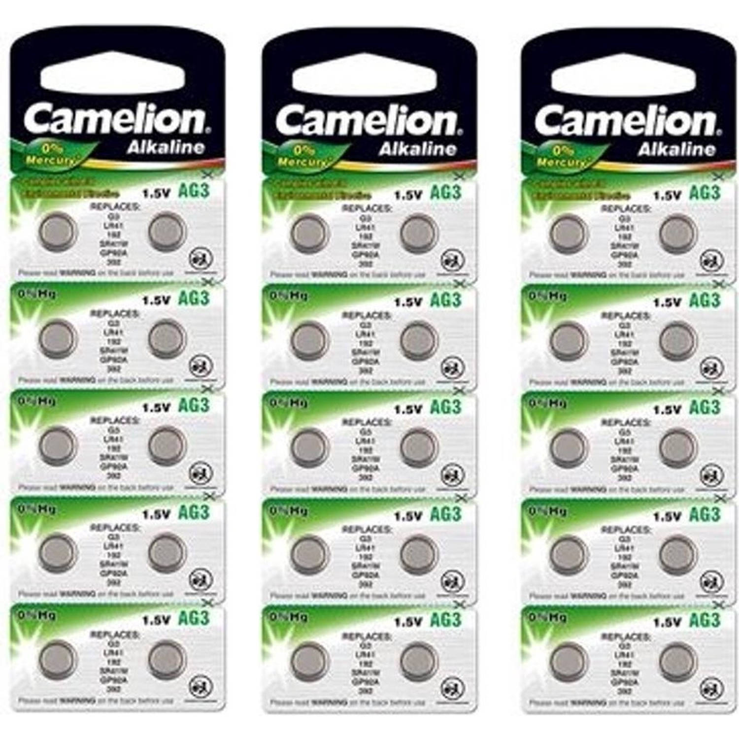 Camelion Alkaline AG3 LR41 G3 SR41W 392 1.5V knoopcel batterij 30 Stuks (3 Blisters a 10St)