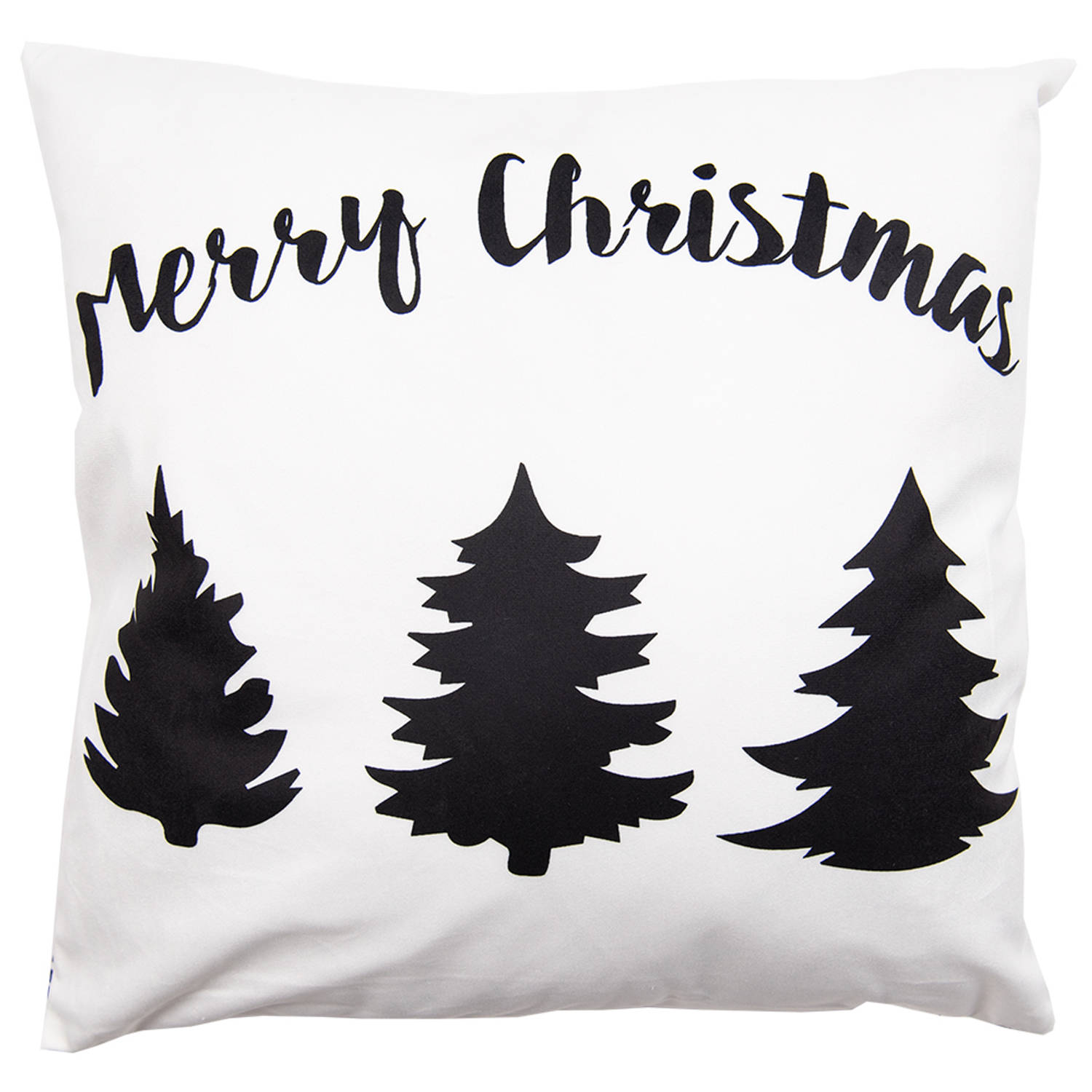 Clayre & Eef Kussenhoes 45x45 Cm Wit Zwart Polyester Vierkant Kerstboom Merry Christmas Sierkussenho