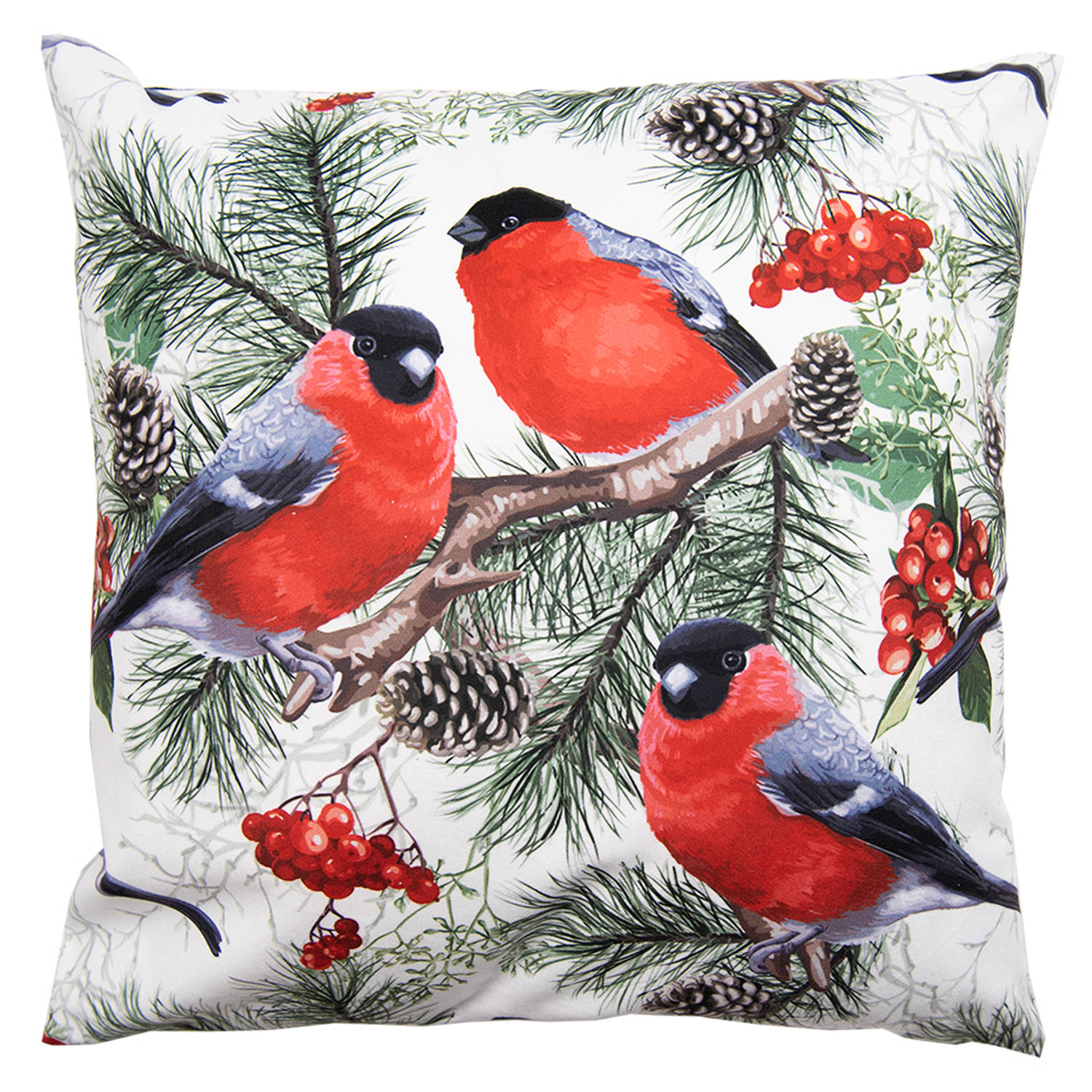 Clayre & Eef Kussenhoes 45x45 Cm Wit Rood Polyester Vogels Sierkussenhoes Kussen Hoes Wit Sierkussen