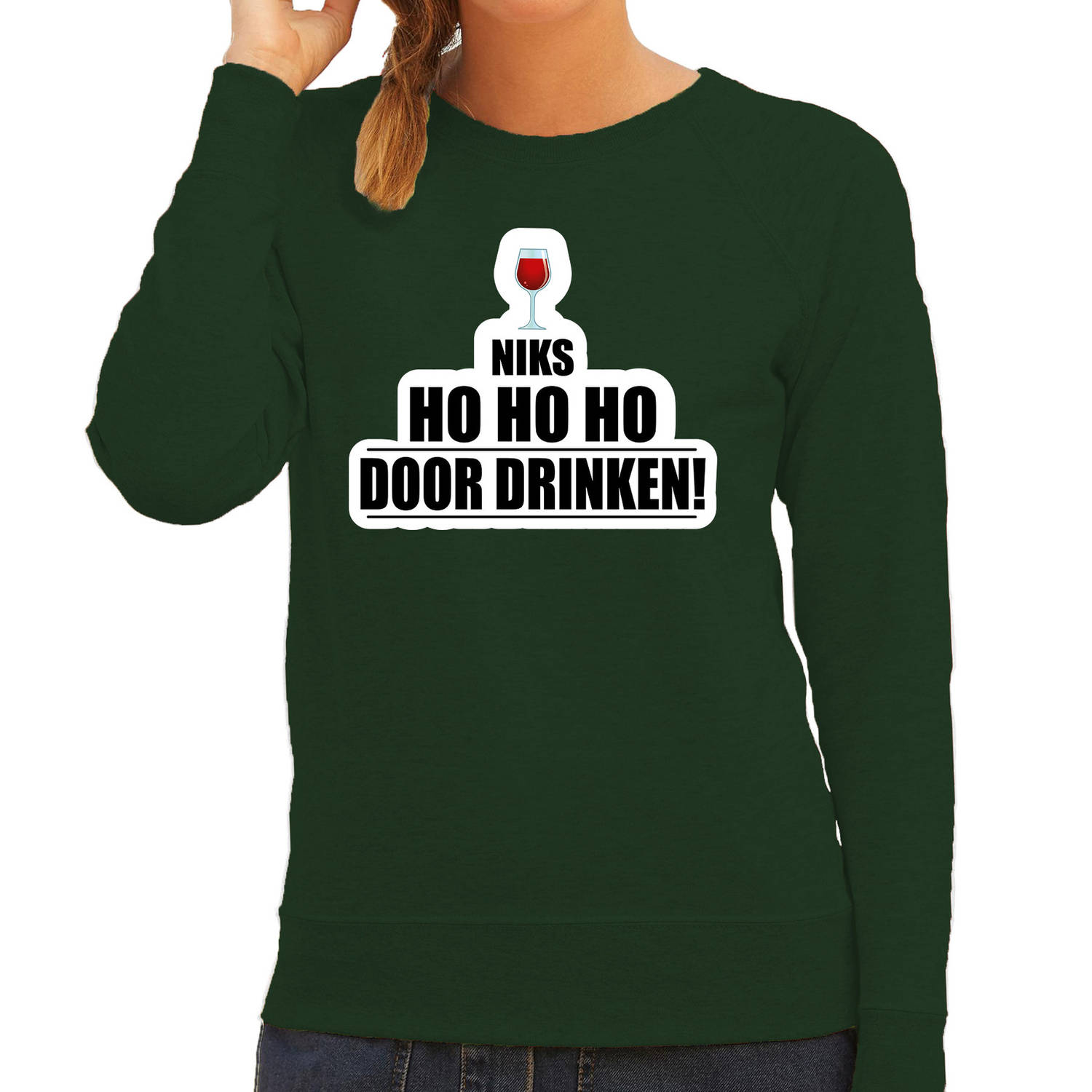 Niks ho ho ho wijn doordrinken foute Kerstsweater / Kersttrui groen voor dames L - kerst truien