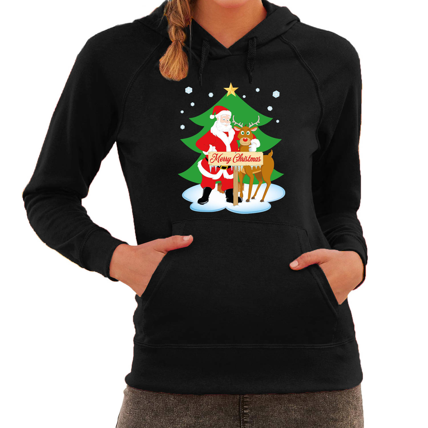 Kerstman met rudolf bij Kerstboom Merry Christmas foute Kerst hoodie / hooded sweater zwart voor dam 2XL - kerst truien