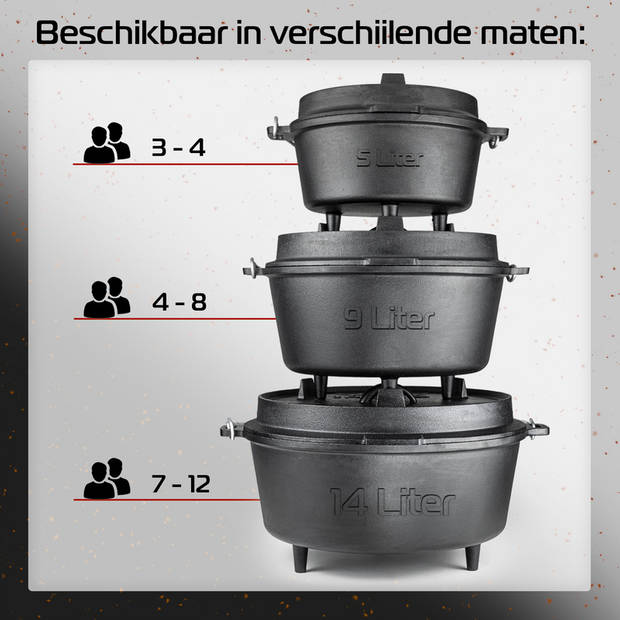 IRONO Dutch Oven - Pan - 9 Liter - Gietijzeren Pan BBQ 4-delig - Multifunctionele Kookset - Braadpan - Bakpan - Kookpan