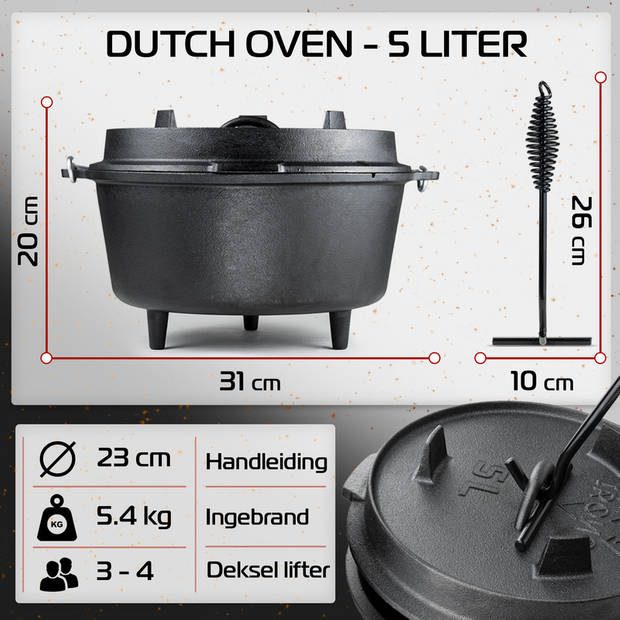 IRONO Dutch Oven - Pan Gietijzer - 5 Liter - Gietijzeren Pan BBQ 4-delig - Kookset - Braadpan Gietijzer met Deksellifter
