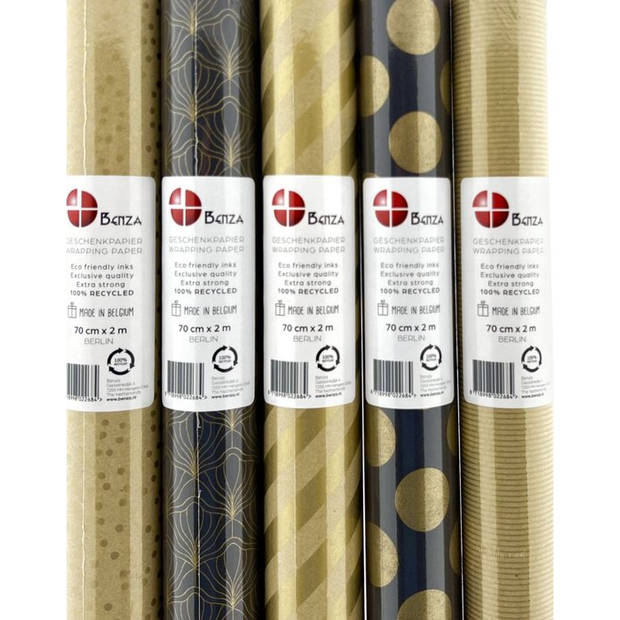 Berlin cadeaupapier - Eco bruin kraft assortiment inpakpapier - 2 meter x 70 cm - 5 Rollen